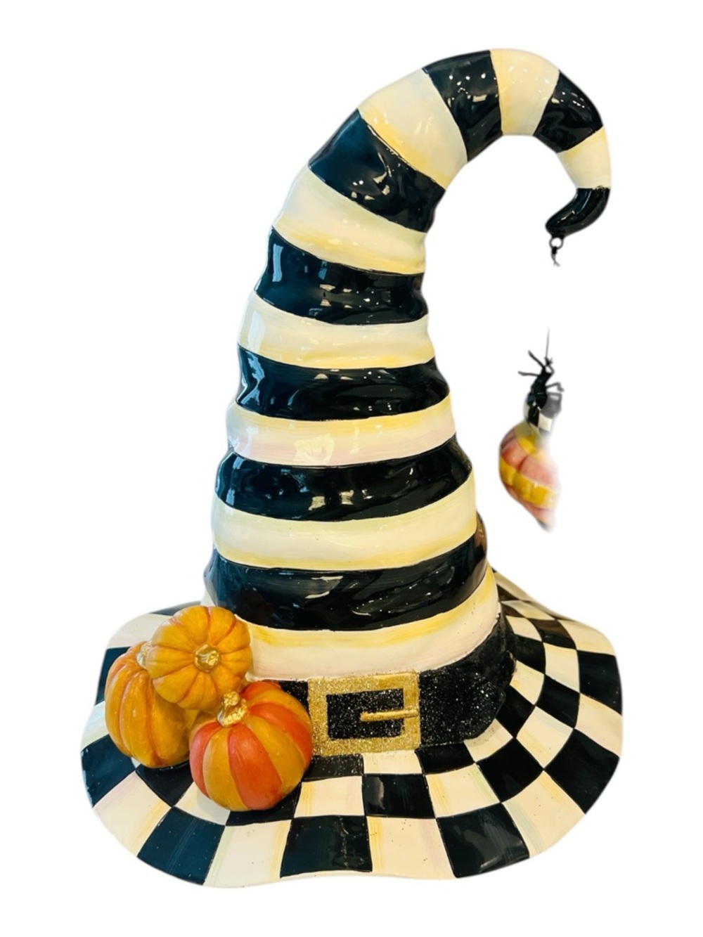 MacKenzie-Childs Courtly Stripe Witch Hat Halloween Decor w/ Pumpkins & Spider